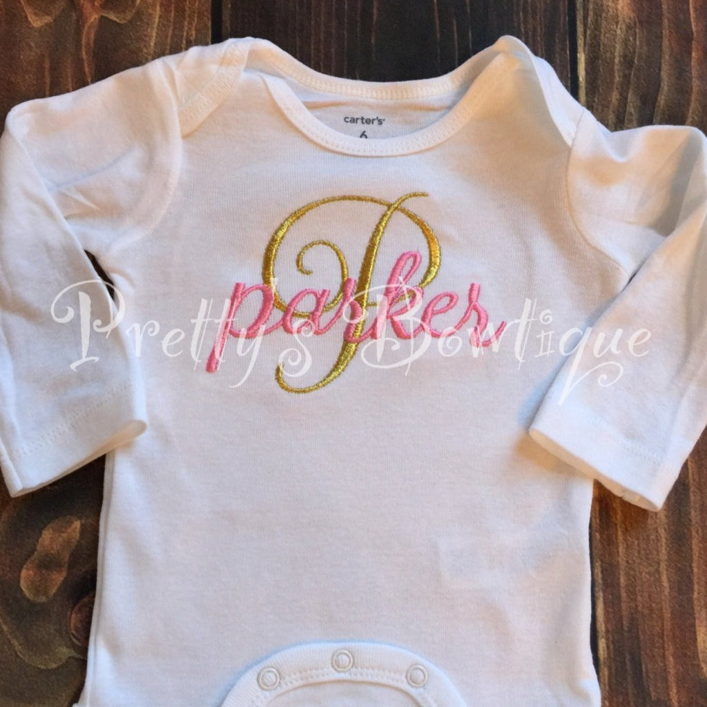 Baby girl bodysuit -- Initial Personalized Bodysuit or Shirt.  Can be customized to other color combos.  Newborn and up - Pretty's Bowtique