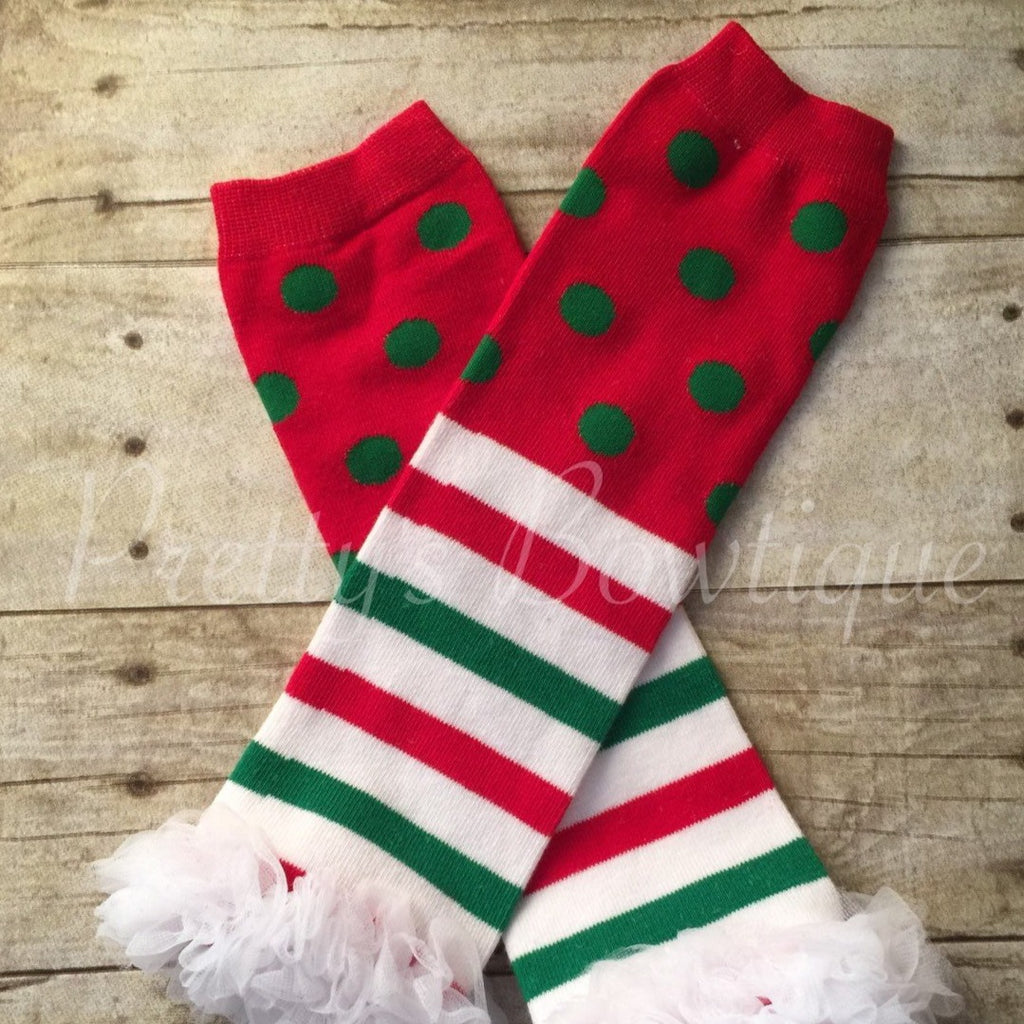 Baby Christmas Leg Warmers in Red, Green and White Polka Dot and Stripe - Pretty's Bowtique