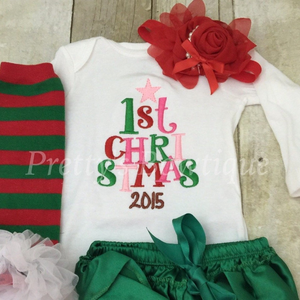 Baby girl My 1st Christmas - First Christmas bodysuit or shirt, leg-warmers, bloomers and headband--2016 - Pretty's Bowtique