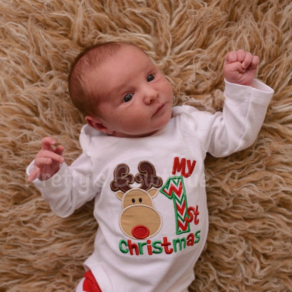 Babies 1st Christmas bosysuit or shirt -- My 1st Christmas Baby bodysuit or shirt Babies 1st Christmas Shirt Reindeer - Pretty's Bowtique