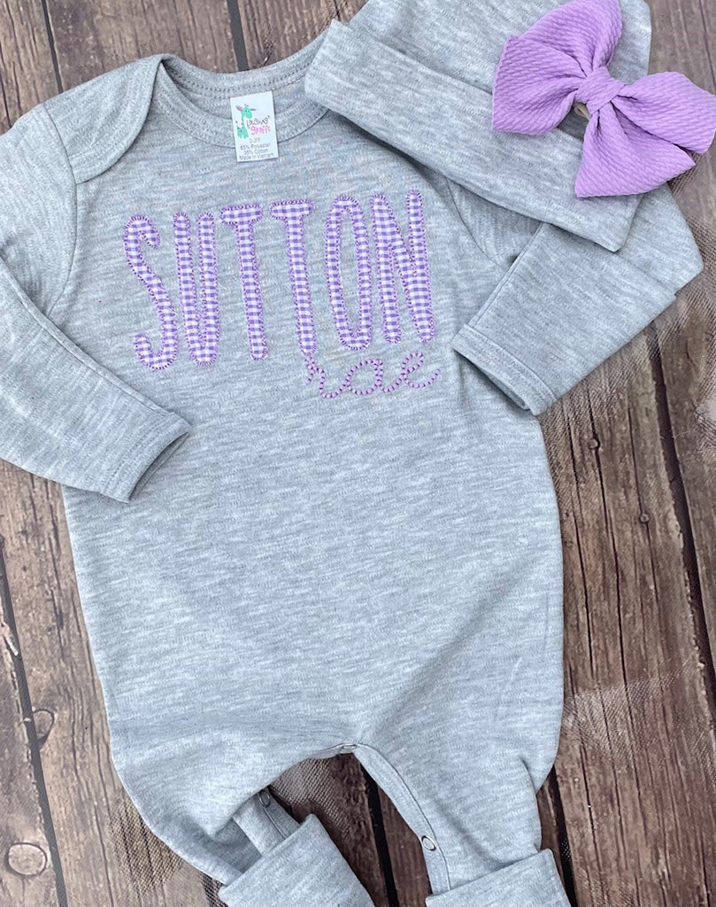 Personalized grey baby girl romper and hat/ bow - Pretty's Bowtique
