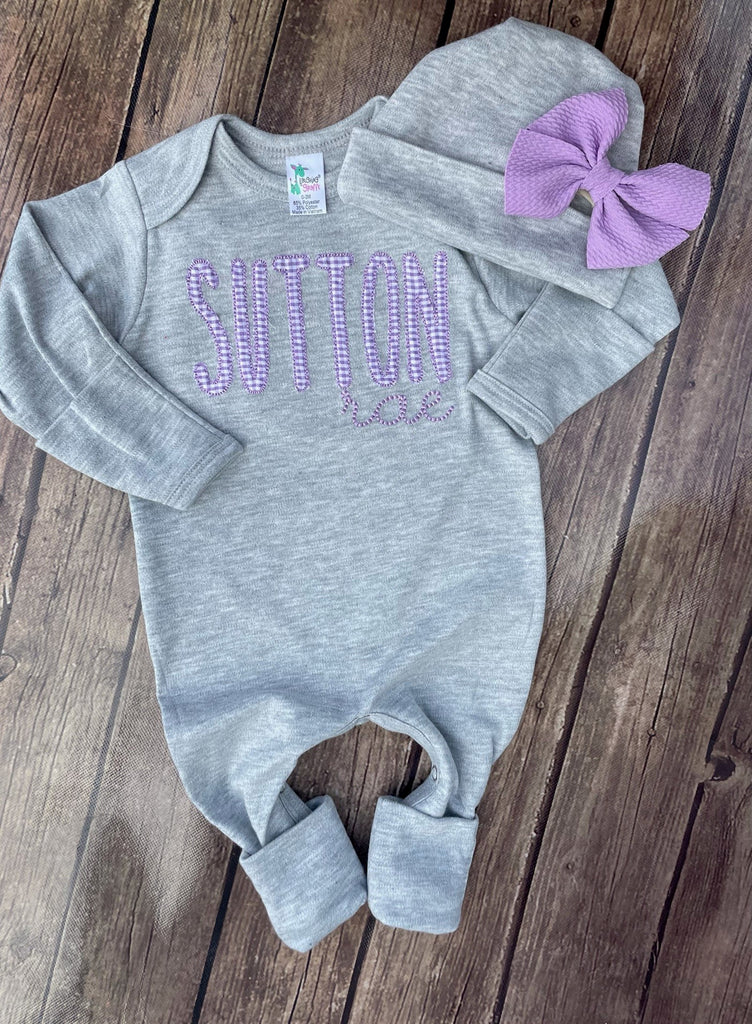 Personalized grey baby girl romper and hat/ bow - Pretty's Bowtique