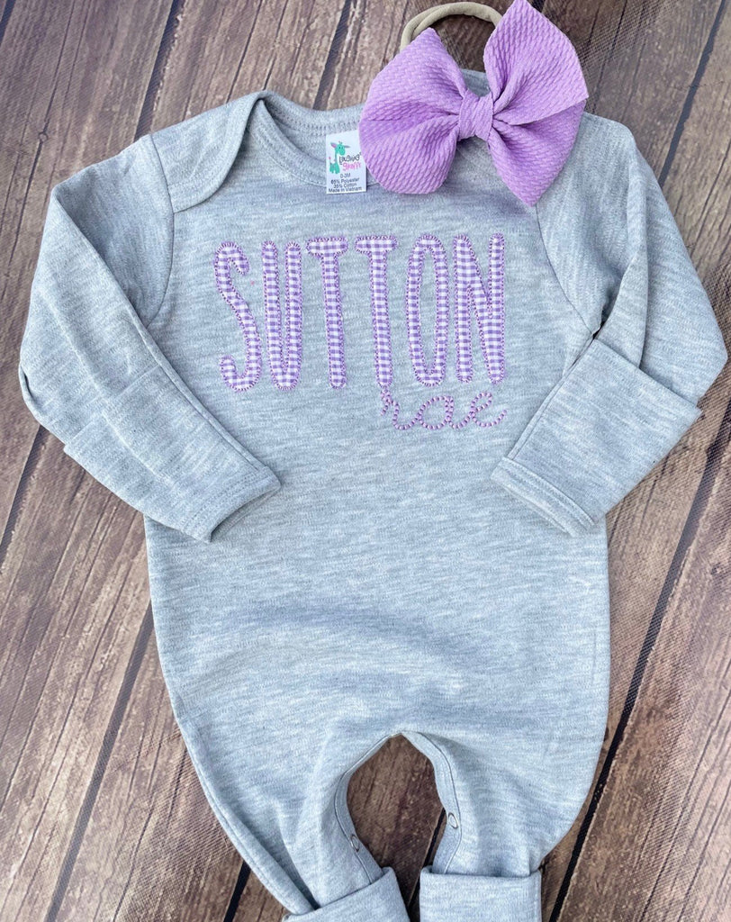 Personalized grey baby girl romper and hat/ bow - Pretty's Bowtique