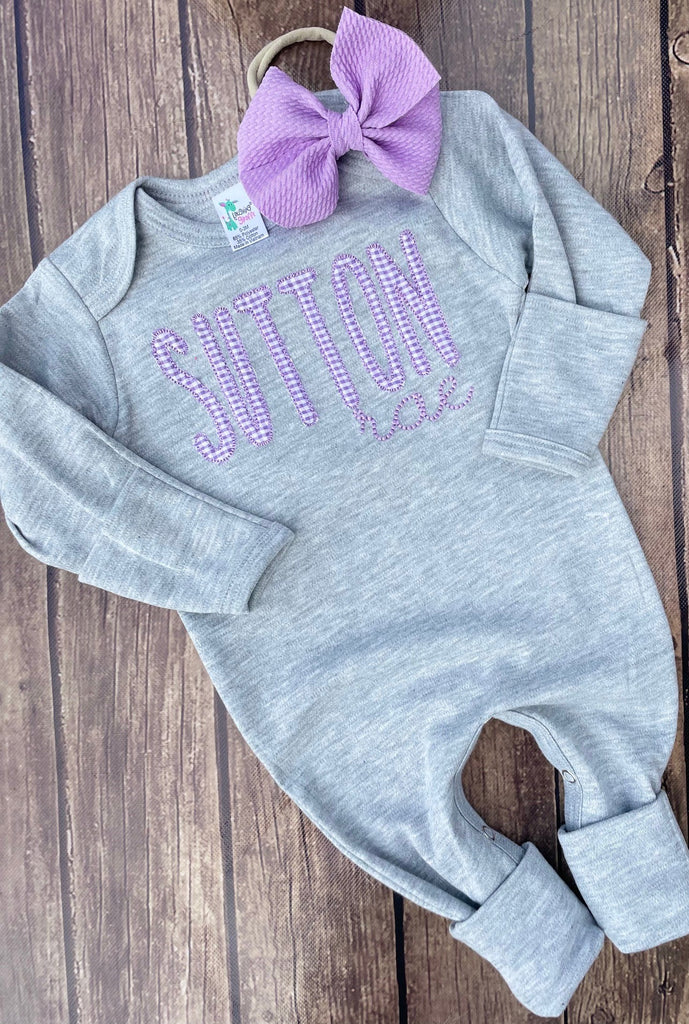Personalized grey baby girl romper and hat/ bow - Pretty's Bowtique