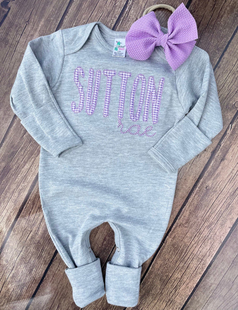 Personalized grey baby girl romper and hat/ bow - Pretty's Bowtique