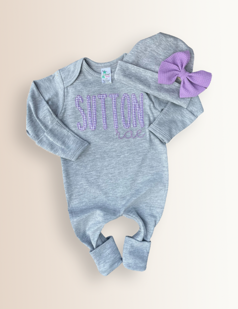 Personalized grey baby girl romper and hat/ bow - Pretty's Bowtique