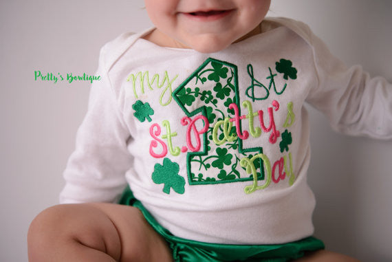 1st St. Patricks day outfit- girls My 1st St. Patrick's Day shirt- St. Patricks outfit shirt, headband, tutu and legwamers - Pretty's Bowtique