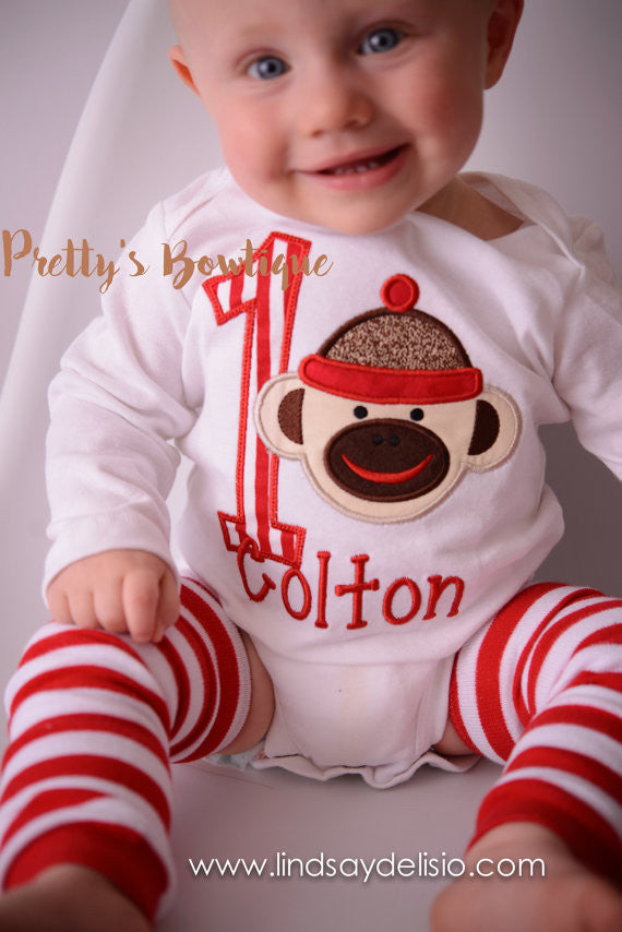 Sock Monkey Boy’s Birthday with Matching Hat, legwarmers & Bib -Sock Monkey Birthday Shirt- Sock Monkey Shirt- 1st Birthday Monkey - Pretty's Bowtique