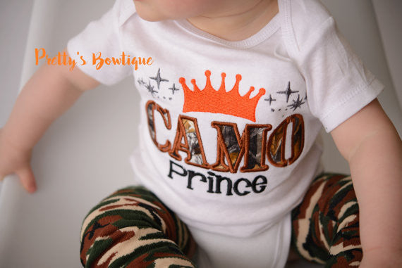 Camo Prince bodysuit or t shirt and camo leg warmers - Baby boys coming home outfit -camo-deer-hunting-little hunter - camo Boys t shirt - Pretty's Bowtique