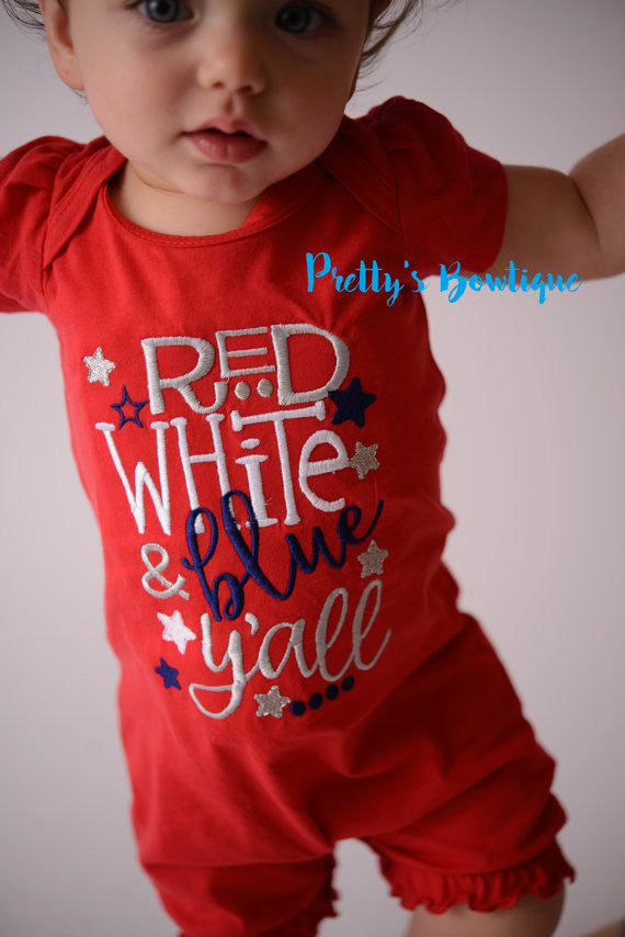 4th of July Baby Girl Summer Romper- Fourth of July girls shirt -- Girls outfit bodysuit/shirt/romper-- Red white & Blue y'all - Pretty's Bowtique