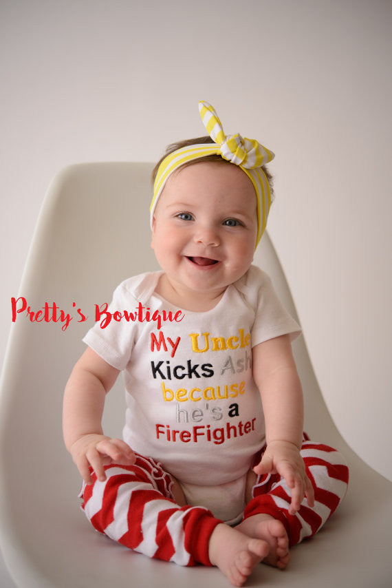 Baby Girl -- Firefighter Hero shirt -- Baby shower gift --My uncle kicks ash he's a firefighter - Can customized for grandpa•mom•uncle•etc - Pretty's Bowtique