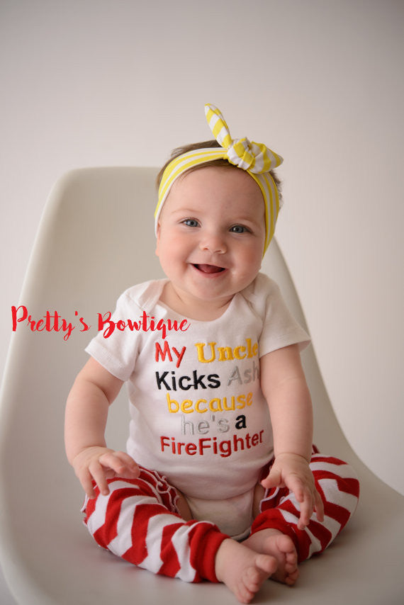 Baby Girl -- Firefighter Hero shirt -- Baby shower gift --My uncle kicks ash he's a firefighter - Can customized for grandpa•mom•uncle•etc - Pretty's Bowtique