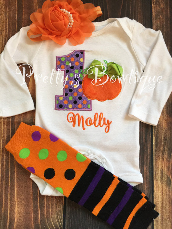1st Birthday Pumpkin Outfit Sizes Newborn to Youth XL with Tutu, Leg Warmers, Bloomers and Headband (5 Pieces) - Pretty's Bowtique