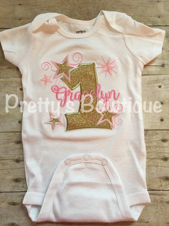 Pink and Gold First Birthday Outfit Set for Girl – T Shirt, Tutu & Flower Headband-- Twinkle twinkle little star - Pretty's Bowtique