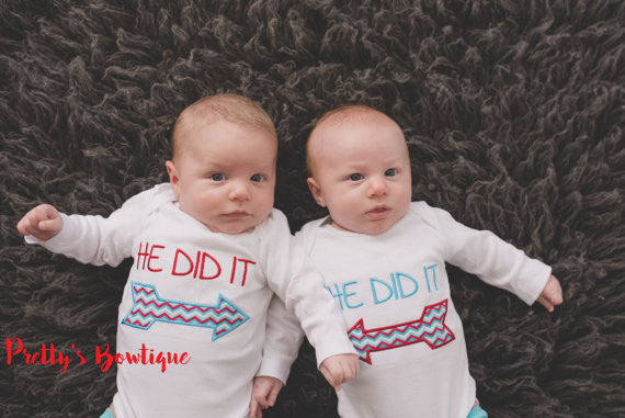 Twins Outfit-- Twin Boy Girl-- Funny Baby Gift, He Did It / She Did It Bodysuit-- Baby Shower Gift -- Twin Funny Shirts - Pretty's Bowtique