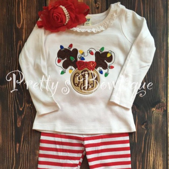 Girls Christmas outfit -- reindeer monogram Shirt or One piece, Ruffle Pants, headband -- Girls Monogrammed outfit-- Reindeer Shirt - Pretty's Bowtique