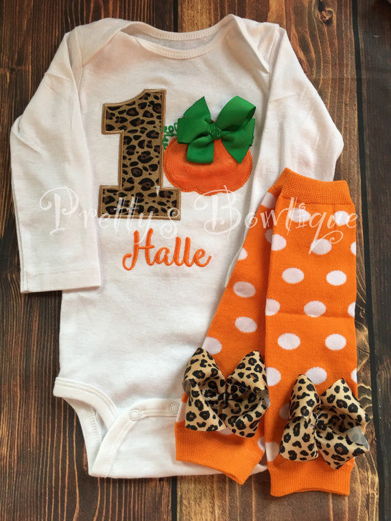 1st Birthday Pumpkin Baby Girl 5-Piece Outfit for Newborn to Youth XL with Shirt or Bodysuit, Leg Warmers, Tutu, Bloomers and Headband - Pretty's Bowtique
