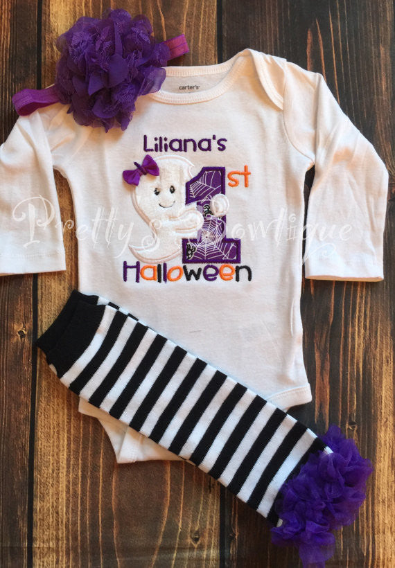 1st Halloween Baby Girl Ghost 5-Piece Outfit for Newborn to Youth XL with Shirt or Bodysuit, Leg Warmers. Tutu, Bloomers and Headband - Pretty's Bowtique