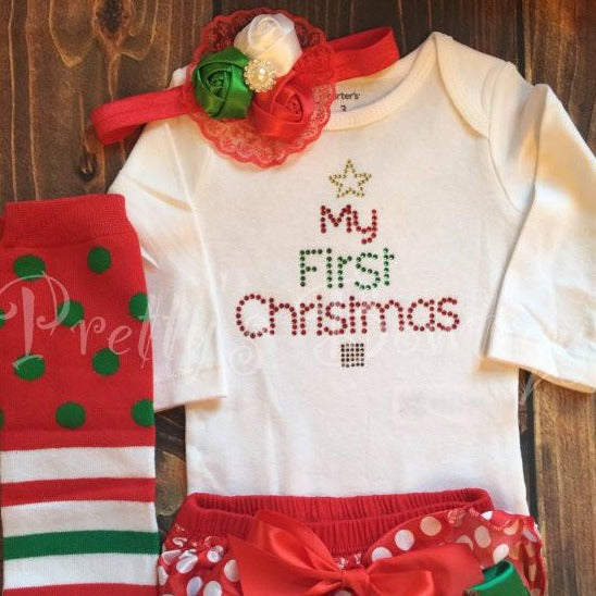 My First Christmas Rhinestone Holiday Outfit in Sizes Newborn to 24M – Bodysuit or Shirt with Leg Warmers, Bloomer and Headband - Pretty's Bowtique