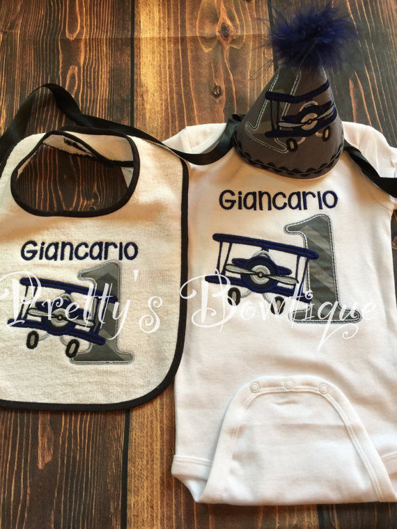 Airplane Birthday Outfit for Boy’s First Birthday with Matching Hat & Bib - Pretty's Bowtique