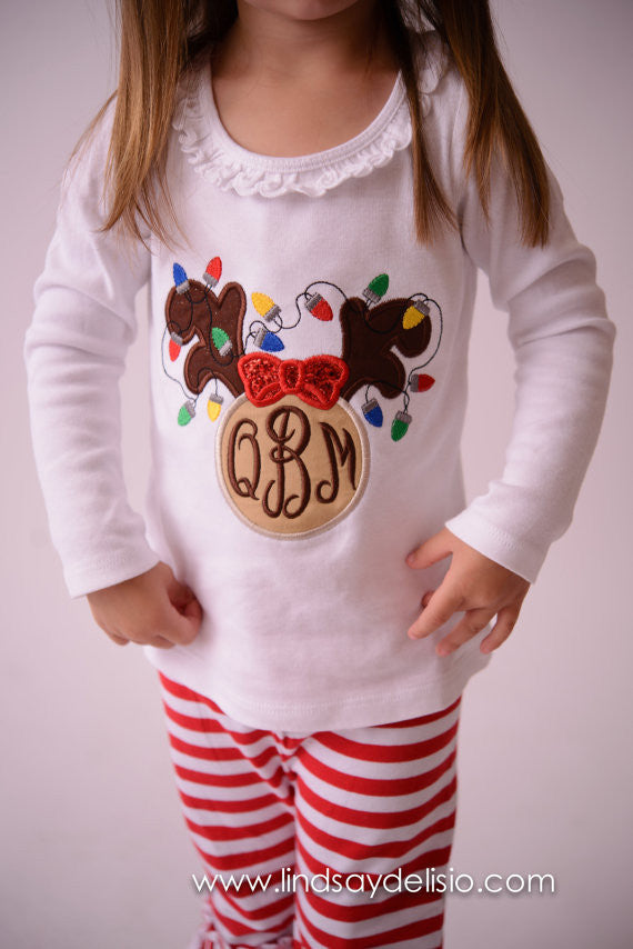 Girls Christmas outfit -- reindeer monogram Shirt or One piece, Ruffle Pants, headband -- Girls Monogrammed outfit-- Reindeer Shirt - Pretty's Bowtique