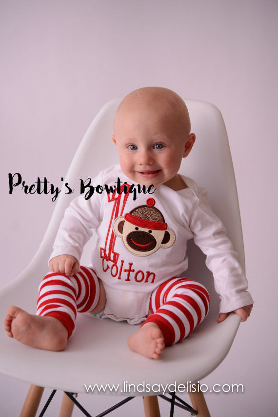 Sock Monkey Boy’s Birthday with Matching Hat, legwarmers & Bib -Sock Monkey Birthday Shirt- Sock Monkey Shirt- 1st Birthday Monkey - Pretty's Bowtique