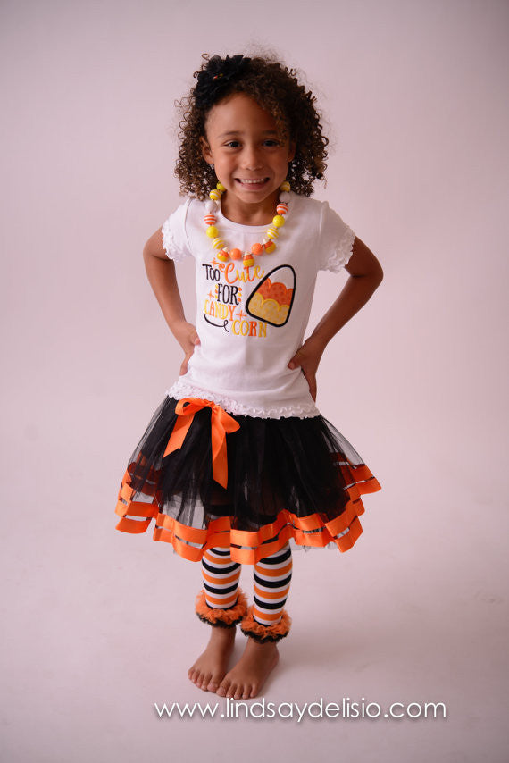 Candy Corn Shirt for Girls Sizes Newborn to Youth XL with Candy Corn Tutu, Leg Warmers, Bloomers and Headband - Pretty's Bowtique