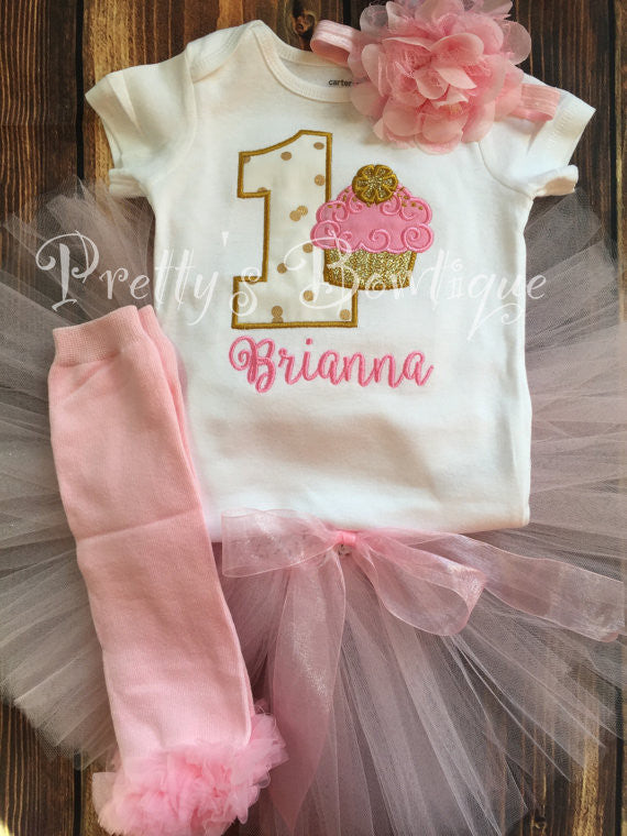 Pink and Gold First Birthday Outfit Set for Girl – T Shirt, Tutu & Flower Headband-- Cupcake -- cupcake birthday outfit - Pretty's Bowtique