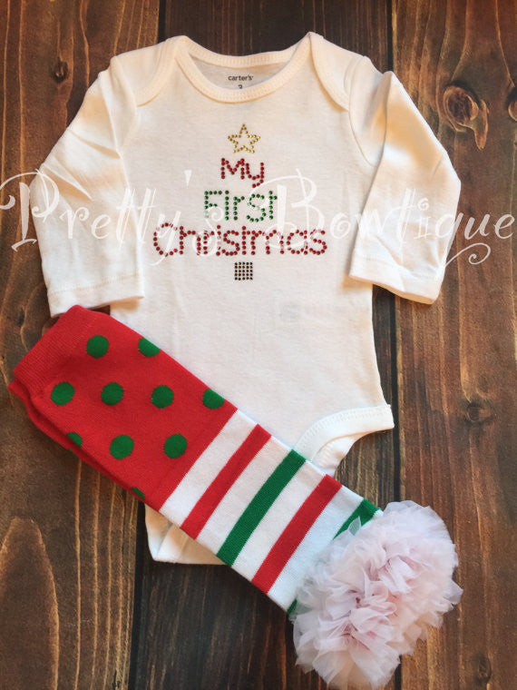My First Christmas Rhinestone Holiday Outfit in Sizes Newborn to 24M – Bodysuit or Shirt with Leg Warmers, Bloomer and Headband - Pretty's Bowtique
