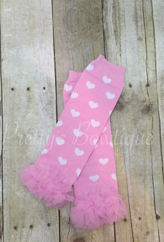 Pink hearts with chiffon ruffle Valentine's legwarmers - Pretty's Bowtique
