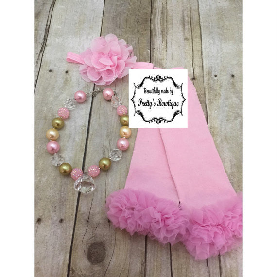 Chunky Bead Necklace - white Petti skirt - Flower Headband you select pieces Pink and Gold - Pretty's Bowtique