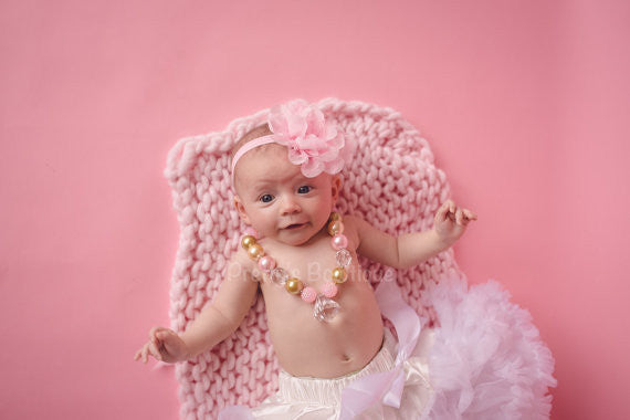 Chunky Bead Necklace - white Petti skirt - Flower Headband you select pieces Pink and Gold - Pretty's Bowtique