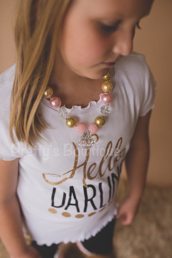 Chunky Bead Necklace - white Petti skirt - Flower Headband you select pieces Pink and Gold - Pretty's Bowtique