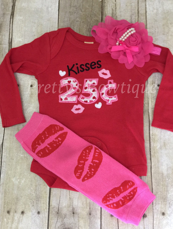 Baby Girl Valentines Outfit – Kisses 25 Cents – with Lip Leg Warmers, and Tulle and Pearl Headband in Sizes 3 Months to XL14 - Pretty's Bowtique