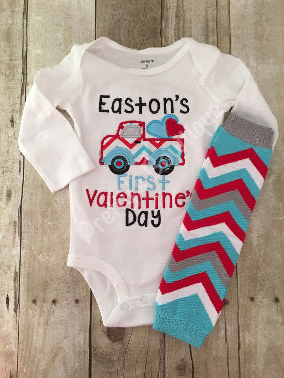 Baby Boy 1st Valentines Outfit with Chevron Leg Warmers – Sizes Newborn and up - Pretty's Bowtique