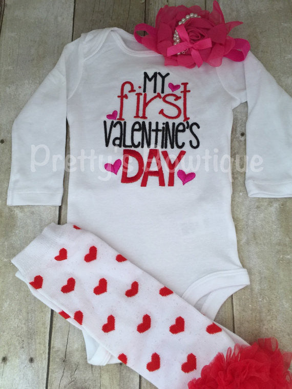 My First Valentines Outfit with Baby Leg Warmers and Floral Headband – Sizes Newborn and up - Pretty's Bowtique