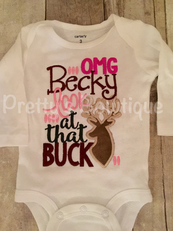 OMG Becky look at that buck-- Girl Hunting Camo shirt or bodysuit -- Girls hunting shirt - Pretty's Bowtique