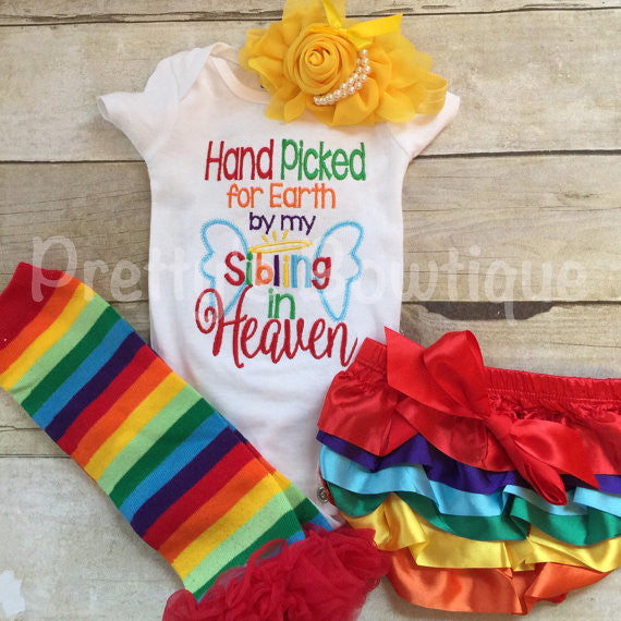 Hand picked for earth shirt or bodysuit-- Baby girls outfit-- Rainbow baby set-- Hand Picked for earth by sibling -- can customize wording - 2 - Pretty's Bowtique