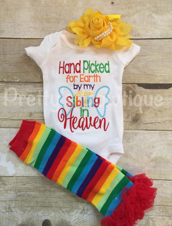 Hand picked for earth shirt or bodysuit-- Baby girls outfit-- Rainbow baby set-- Hand Picked for earth by sibling -- can customize wording - 2 - Pretty's Bowtique