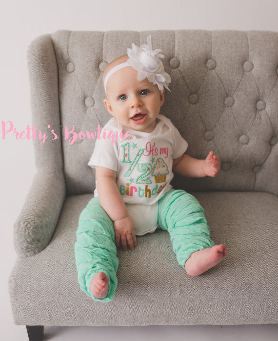 It's my 1/2 Birthday - Girls Cupcake Half Birthday Applique White Bodysuit or Shirt & Matching Headband and Leg Warmers you pick pieces - Pretty's Bowtique
