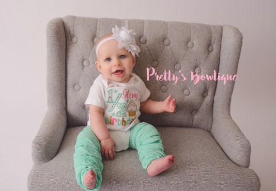 It's my 1/2 Birthday - Girls Cupcake Half Birthday Applique White Bodysuit or Shirt & Matching Headband and Leg Warmers you pick pieces - Pretty's Bowtique