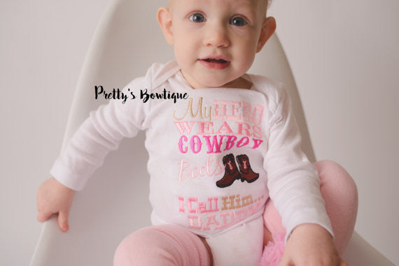 My Hero wears cowboy boots I call him daddy- bodysuit or t shirt, bow, and legwarmers -- Girls outfit - Pretty's Bowtique