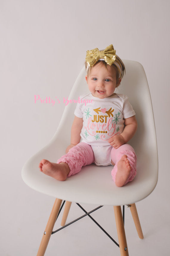 Pink and Gold Outfit for Baby Girls – Just Lovely Bodysuit with Pink Ruffle Legwarmers & Gold Bow Headband – Sizes Newborn to Youth XL - Pretty's Bowtique