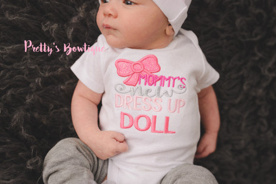Mommy's New dress up doll-- Newborn bodysuit/shirt, hat, and legwarmers -- Baby shower gift -- Mommy's New doll outfit - Pretty's Bowtique