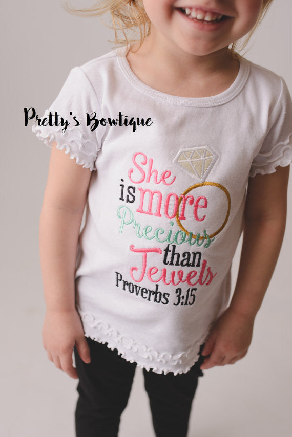 She's more precious than jewels Proverbs 3:15 Girls shirt-- Girls t shirt -- Christian girls shirt -- - Pretty's Bowtique