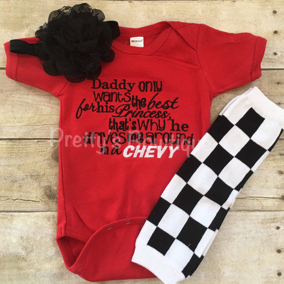 Racing Baby Girl Outfit – Bodysuit/Romper/TShirt, Legwarmers and Flower Headband – Daddy only wants the best for his princess - 3 - Pretty's Bowtique
