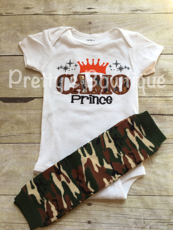 Camo Prince bodysuit or t shirt and camo leg warmers - Baby boys coming home outfit -camo-deer-hunting-little hunter - camo Boys t shirt - Pretty's Bowtique