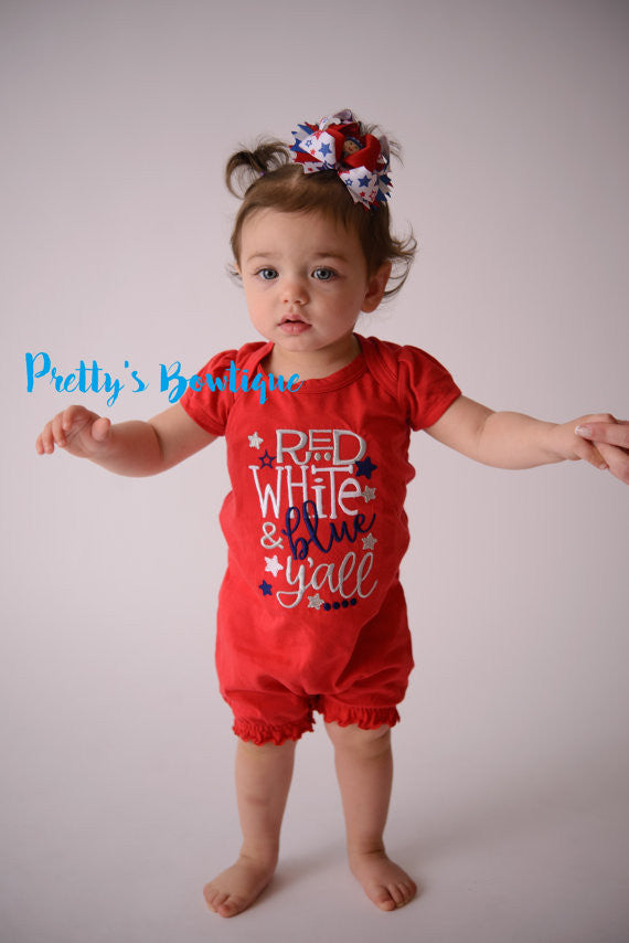 4th of July Baby Girl Summer Romper- Fourth of July girls shirt -- Girls outfit bodysuit/shirt/romper-- Red white & Blue y'all - Pretty's Bowtique