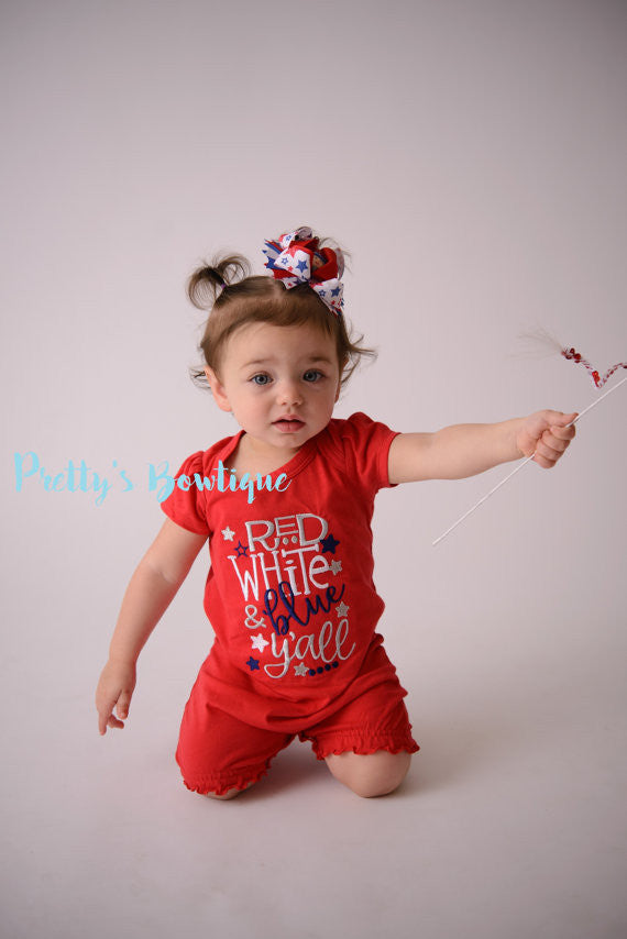 4th of July Baby Girl Summer Romper- Fourth of July girls shirt -- Girls outfit bodysuit/shirt/romper-- Red white & Blue y'all - Pretty's Bowtique
