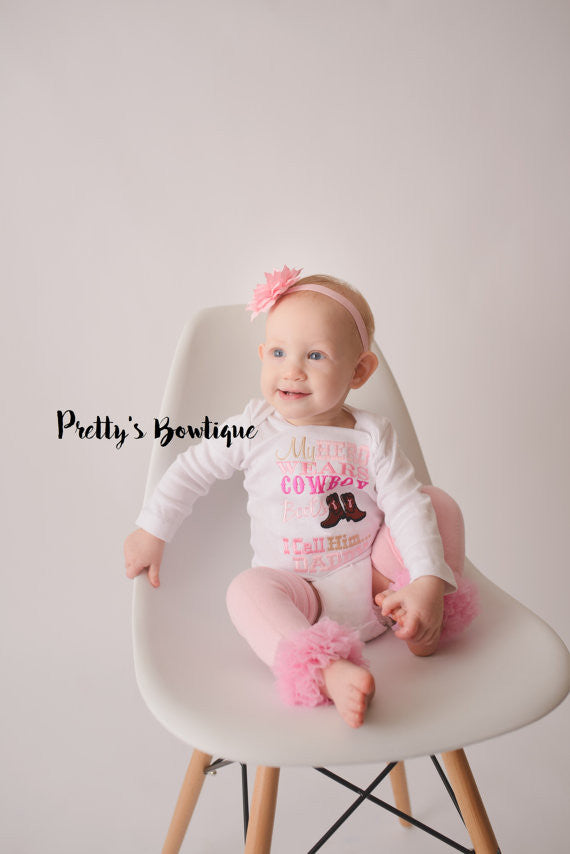 My Hero wears cowboy boots I call him daddy- bodysuit or t shirt, bow, and legwarmers -- Girls outfit - Pretty's Bowtique